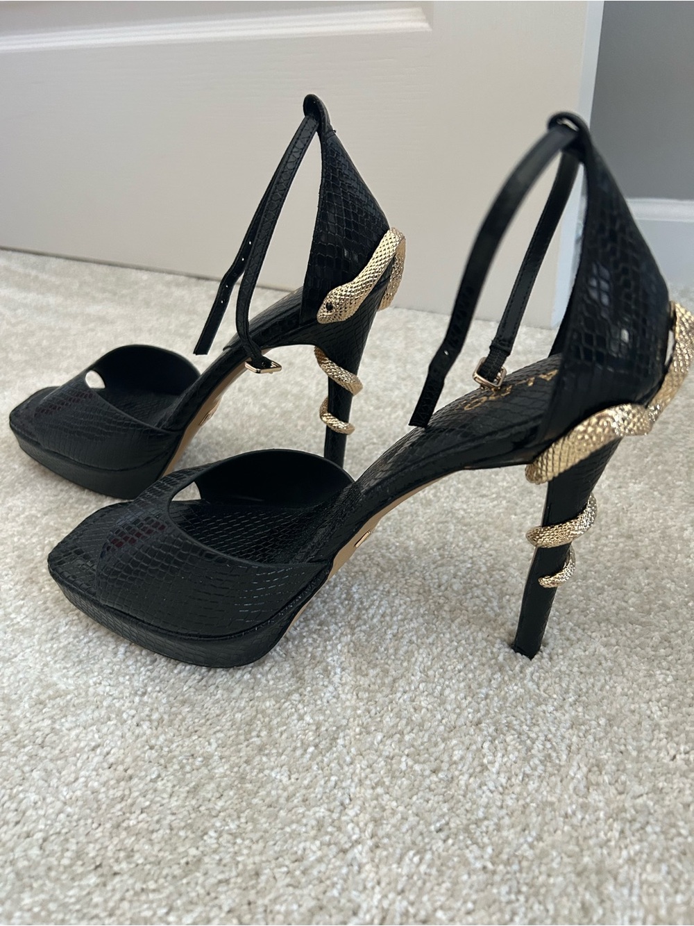 Black Snake-Embellished High Heel Sandals